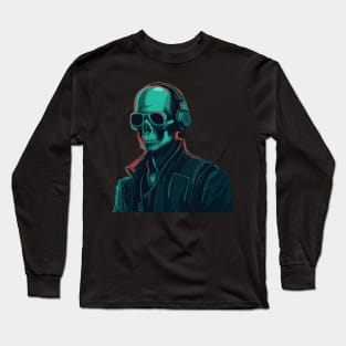 Cyber Punk Skull Wearing Headphones Long Sleeve T-Shirt